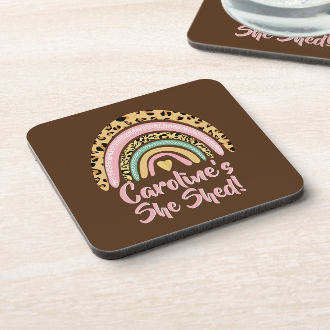 Add Name She Shed Leopard Print Pink Rainbow Heart Coaster (Left Side)