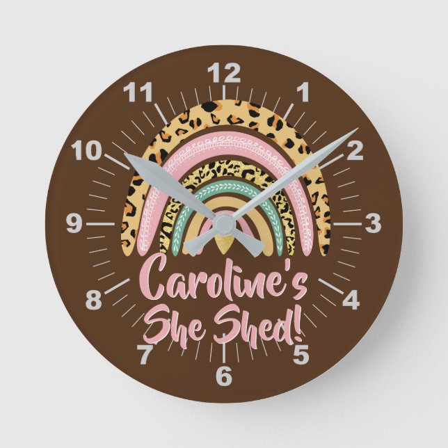 Add Name She Shed Leopard Print Pink Rainbow Heart Round Clock (Front)