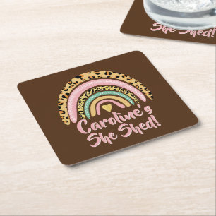 Add Name She Shed Leopard Print Pink Rainbow Heart Square Paper Coaster