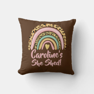 Add Name She Shed Leopard Print Pink Rainbow Heart Throw Pillow