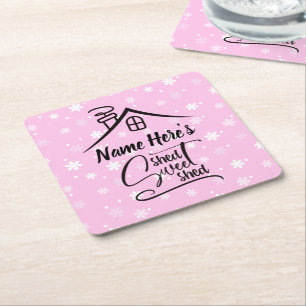 Add Name Shed Sweet Shed Pink White Floral         Square Paper Coaster