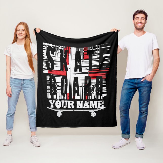 Add Name Skateboard Distressed White on Black  Fle Fleece Blanket (In Situ)