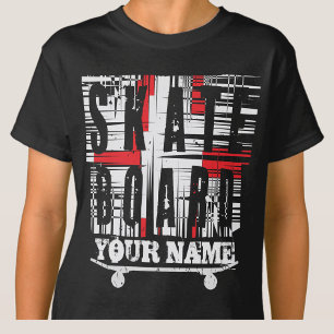 Add Name Skateboard Distressed White on Black T-Shirt