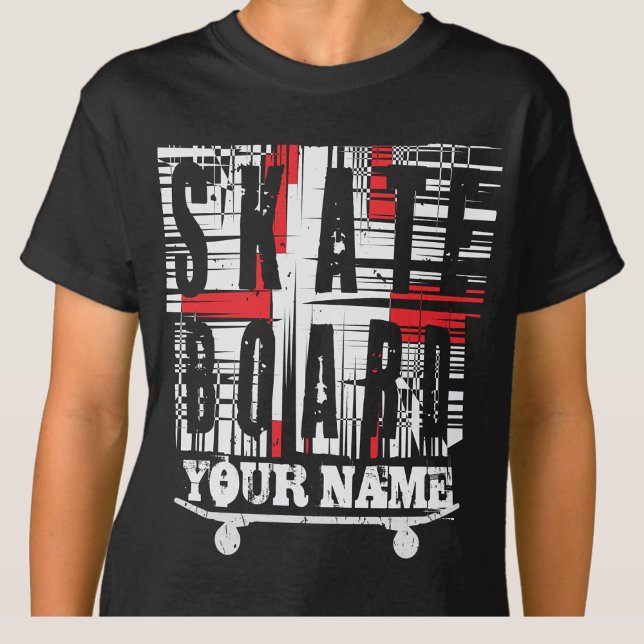 Add Name Skateboard Distressed White on Black   T-Shirt (Creator Uploaded)