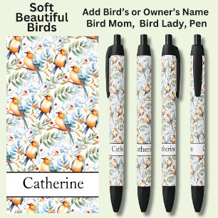 Add Name, Soft Colourful Birds Black Ink Pen