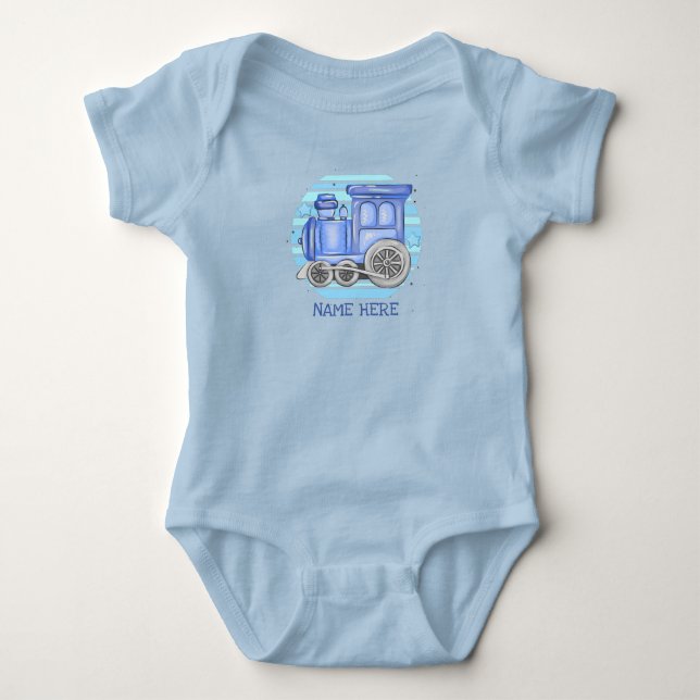 Add Name Steam Train Engine  Baby Blue    Bodysuit (Front)