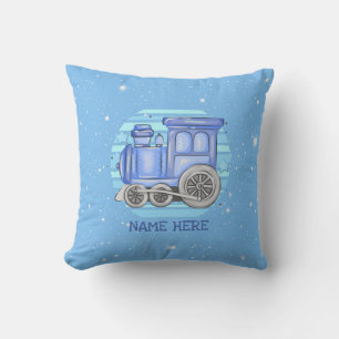 Add Name Steam Train Engine Baby Blue Throw Pillow