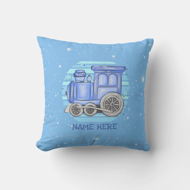 Add Name Steam Train Engine  Baby Blue             Throw Pillow (Front)