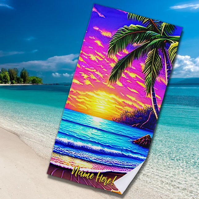 Add Name, Stylized Beach Sunset with Palm Tree     Towel (Creator Uploaded)