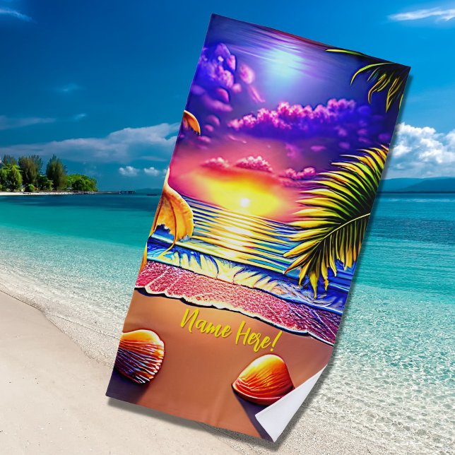 Add Name, Stylized Beach Sunset with Shells Towel (Creator Uploaded)