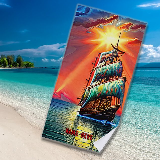 Add Name, Stylized Blue Sails Pirate Sailing Ship Beach Towel (Creator Uploaded)