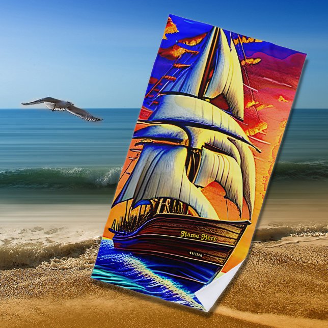 Add Name, Stylized Brown Pirate Sailing Ship  Beach Towel (Creator Uploaded)