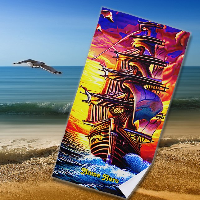 Add Name, Stylized Brown Pirate Sailing Ship Beach Towel (Creator Uploaded)