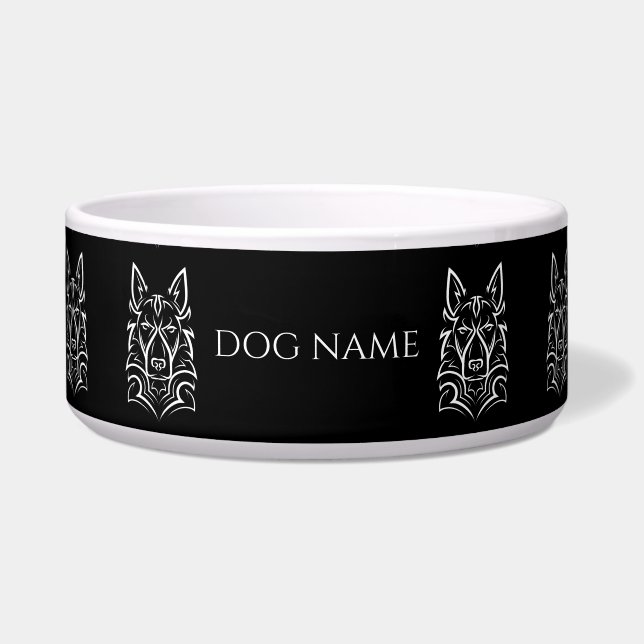 Add Name, Stylized German Shepherd, White on Black (Front)