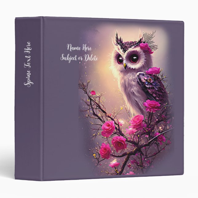 Add Name Subject, Purple Owl & Pink Flowers  Binder (Front/Spine)