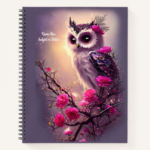 Add Name Subject, Purple Owl & Pink Flowers Notebook
