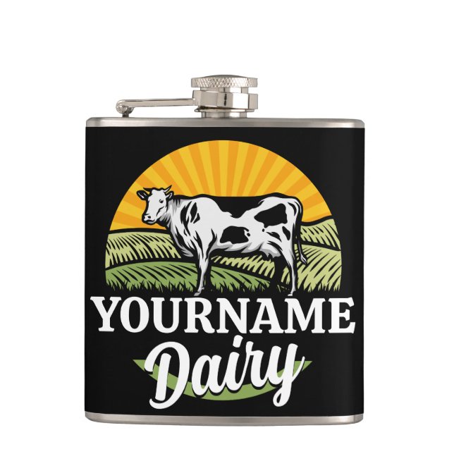 ADD NAME Sunset Dairy Farm Grazing Holstein Cow Hip Flask (Front)