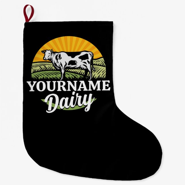 ADD NAME Sunset Dairy Farm Grazing Holstein Cow Large Christmas Stocking (Front)