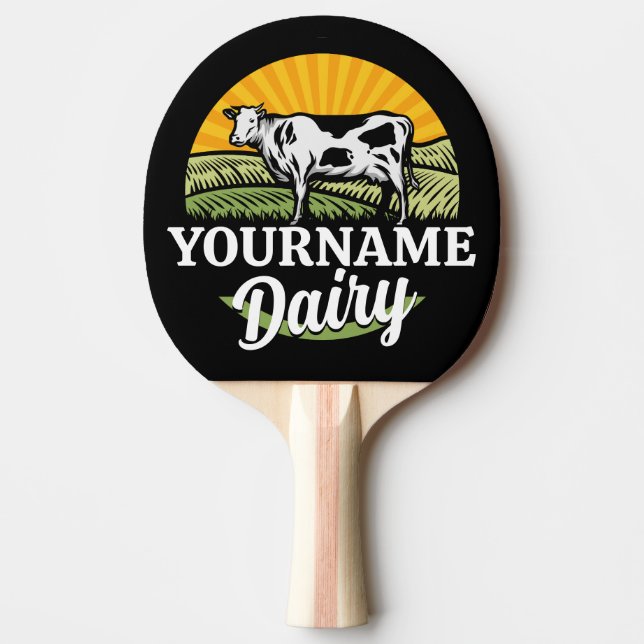 ADD NAME Sunset Dairy Farm Grazing Holstein Cow Ping Pong Paddle (Front)