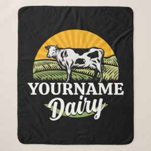 ADD NAME Sunset Dairy Farm Grazing Holstein Cow Sherpa Blanket