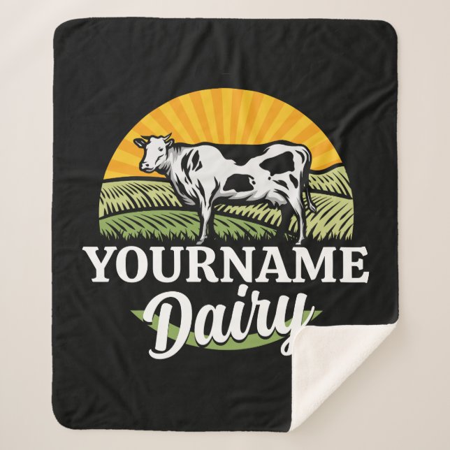 ADD NAME Sunset Dairy Farm Grazing Holstein Cow Sherpa Blanket (Front)
