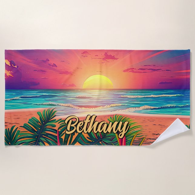 Add Name, Sunset over Sea Sand Palm Trees  Beach Towel (Front)