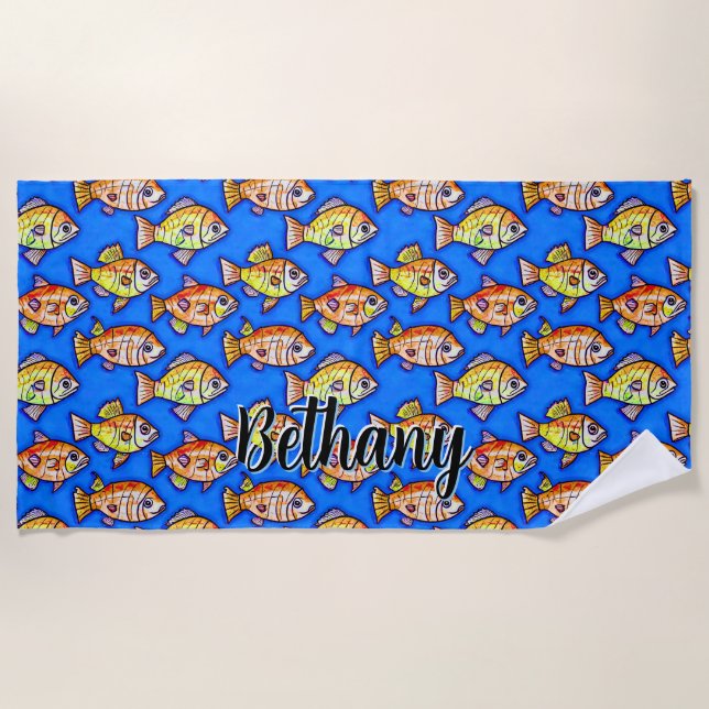 Add Name Text, Abstract Gold Fish in Blue Water Beach Towel (Front)