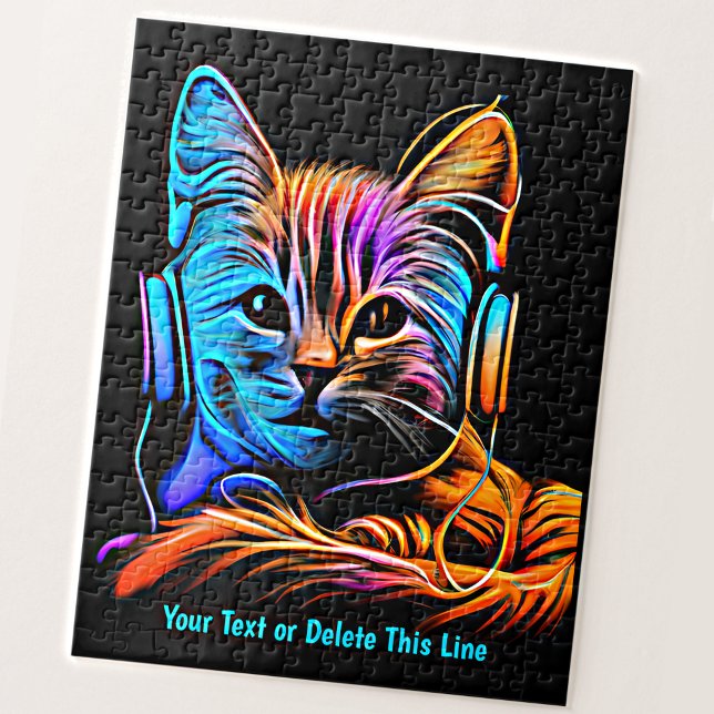 Add Name Text, Aqua Orange Neon Cat Headphones     Jigsaw Puzzle (Creator Uploaded)