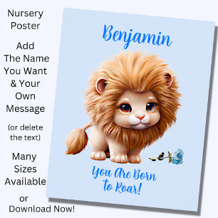 Add Name Text, Baby Lion with Blue Flower Poster