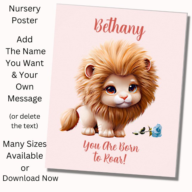 Add Name Text, Baby Lion with Blue Flower Poster (Creator Uploaded)