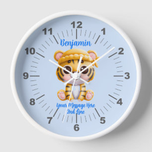 Add Name Text, Baby Tiger with Hat on Blue  Clock