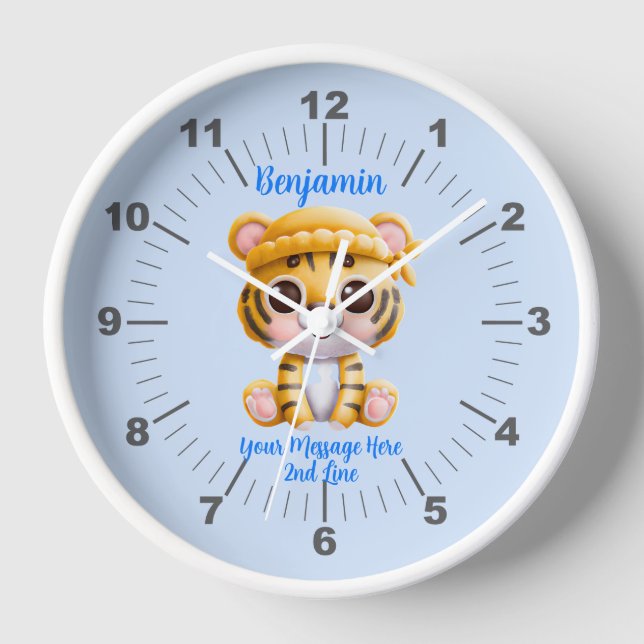 Add Name Text, Baby Tiger with Hat on Blue  Clock (Front)