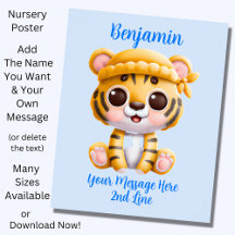 Add Name Text, Baby Tiger with Hat on Blue