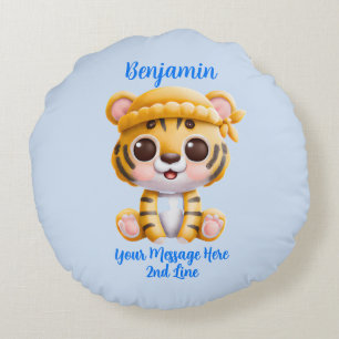 Add Name Text, Baby Tiger with Hat on Blue  Round Pillow
