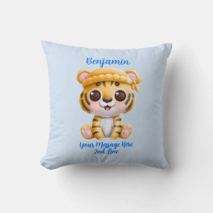 Add Name Text, Baby Tiger with Hat on Blue Throw Pillow