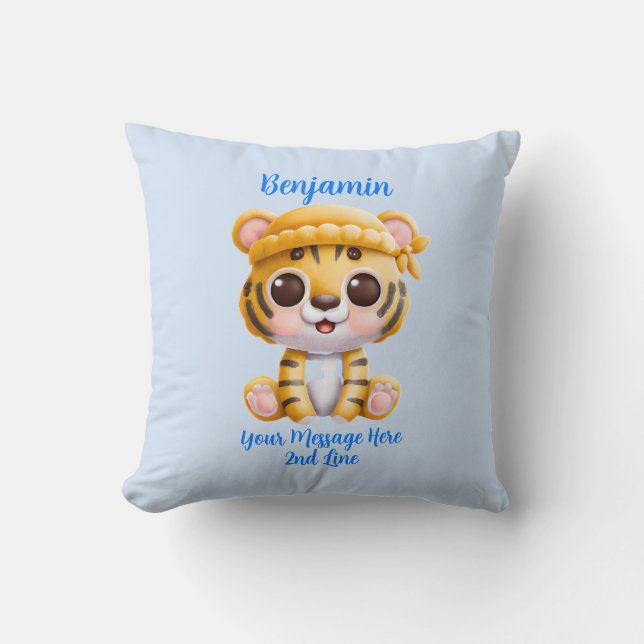 Add Name Text, Baby Tiger with Hat on Blue Throw Pillow (Front)