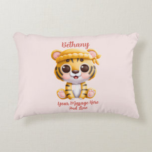 Add Name Text, Baby Tiger with Hat on Pink Baby   Accent Pillow