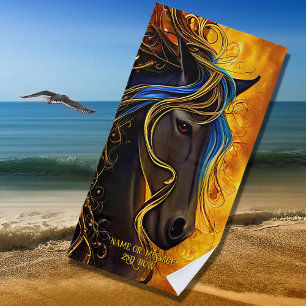 Add Name Text, Black Fantasy Horse with Gold Blue Beach Towel