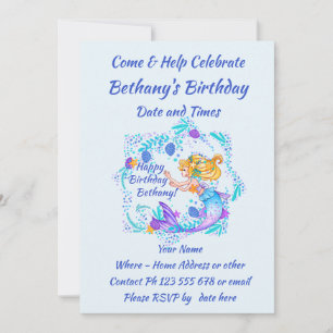 Add Name Text Blonde Mermaid Blue Mauve Aqua Party Invitation
