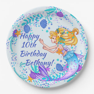 Add Name Text Blonde Mermaid Blue Mauve Aqua Party Paper Plate