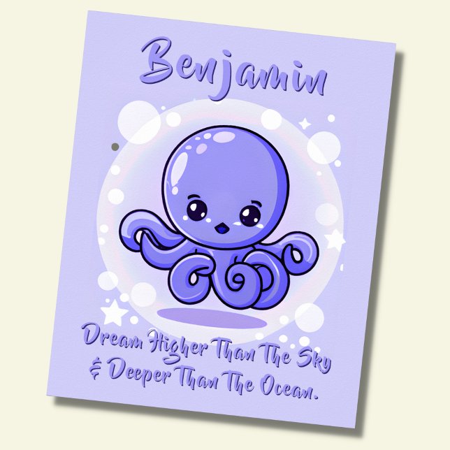 Add Name Text, Blue Baby Octopus in Bubble in Sky Poster (Creator Uploaded)