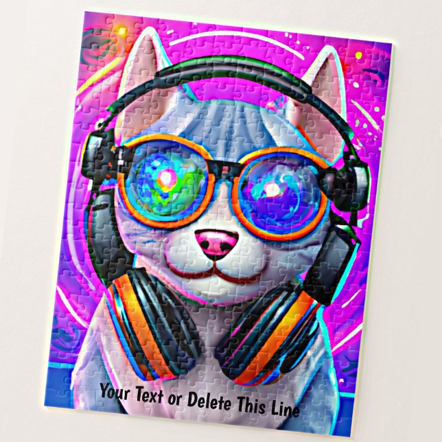 Add Name Text, Blue Pink, Cat Glasses Headphones  Jigsaw Puzzle (Creator Uploaded)