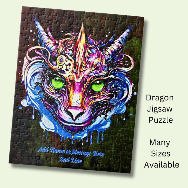 Add Name Text, Blue Pink Fantasy Dragon Green Eyes Jigsaw Puzzle (Creator Uploaded)