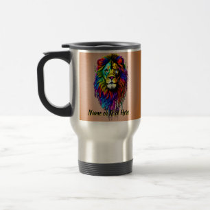 Add Name Text, Colourful Paint Drip Lion  Travel Mug