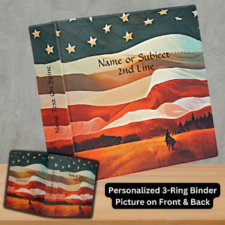 Add Name Text, Cowboy Riding into Flag Sunset Binder
