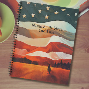 Add Name Text, Cowboy Riding into Flag Sunset  Notebook