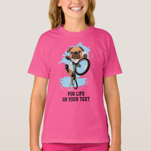 Add Name Text Cute Pug Dog Riding on Bike Bicycle T-Shirt