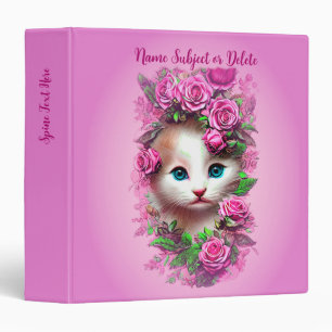 Add Name Text, Cute Shabby Chic Kitten, Pink Rose Binder