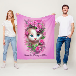 Add Name Text, Cute Shabby Chic Kitten, Pink Roses Fleece Blanket