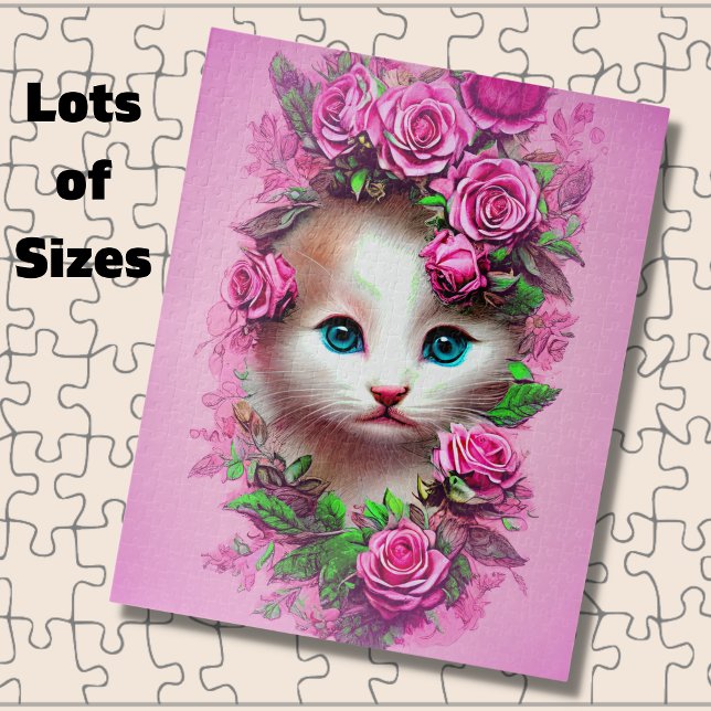 Add Name Text, Cute Shabby Chic Kitten, Pink Roses Jigsaw Puzzle (Creator Uploaded)